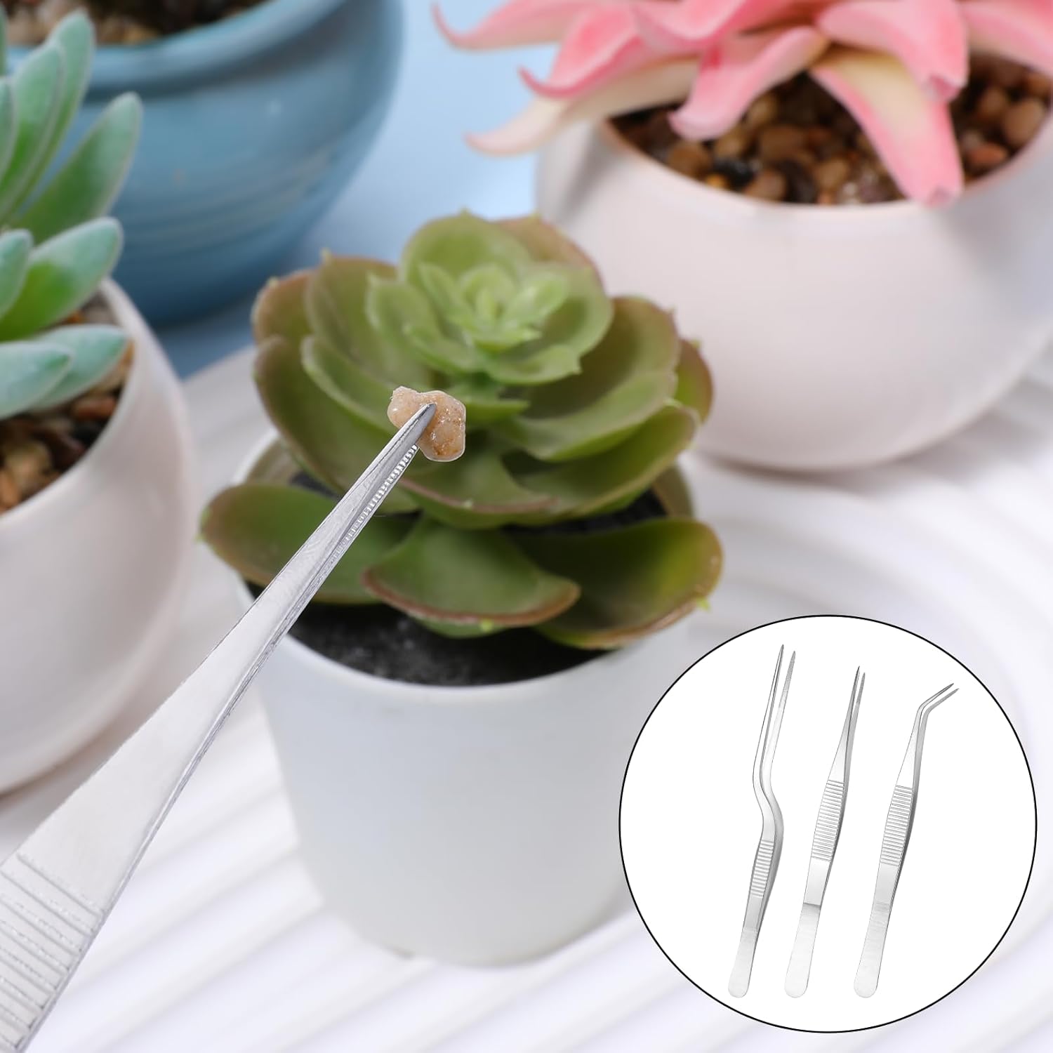 Garden Tweezers, 3 Pcs Stainless Steel Plant Tweezer Set Straight and Curved Precision Tweezers Multipurpose Bonsai Tools for Garden, Kitchen, Indoors and Outdoors (6.22Inch / 6.33Inch / 6.4Inch)