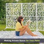 72" metal privacy screen bird pattern, white freestanding, side view