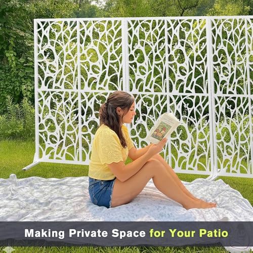 72" metal privacy screen bird pattern, white freestanding, side view
