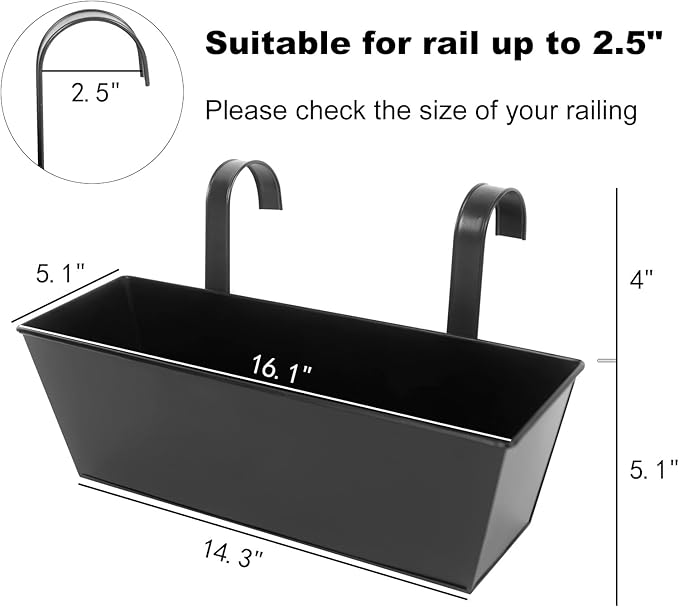 Railing Planters Outdoor Balcony 16 Inch Deck Over The Railing Planter Boxes Hanging Planters for Fence Flower 3 Pcs (Black)