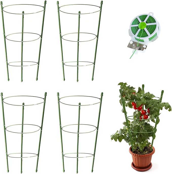 4 Pack Tomato Cage for Garden Plant Support, 24 inches Small Tomato Cages Tomato Trellis with Adjustable Rings, Plant Stakes for Peony Support, Tomato Stakes Rings for Climbing Plants