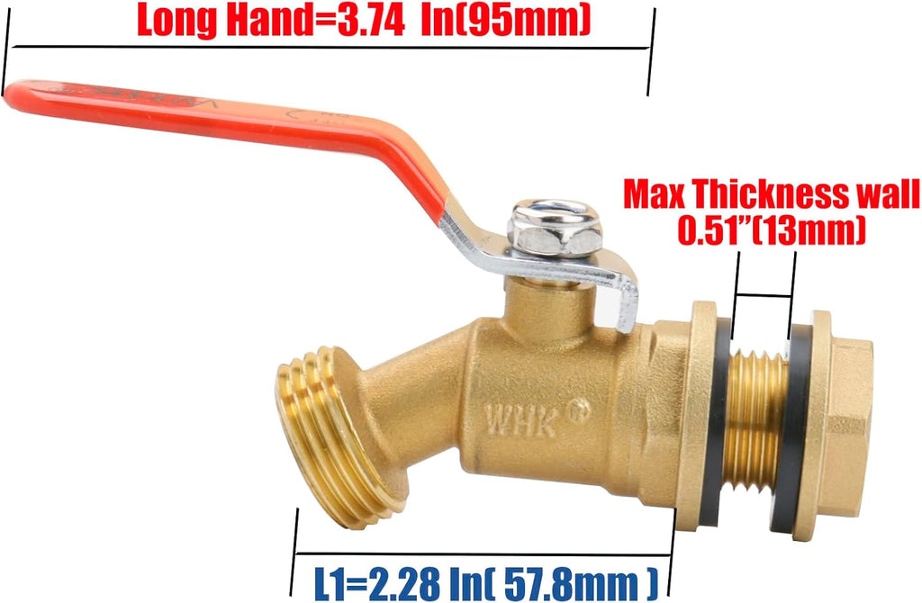 WHK Rain Barrel Spigot Kit-Water Bucket Spigot Faucets-Water Spout Spigot | for 5/50/55 Gallon Bucket, Rain Barrel Water Container WaterTank,1/4 Turn with Long Handle(Brass)