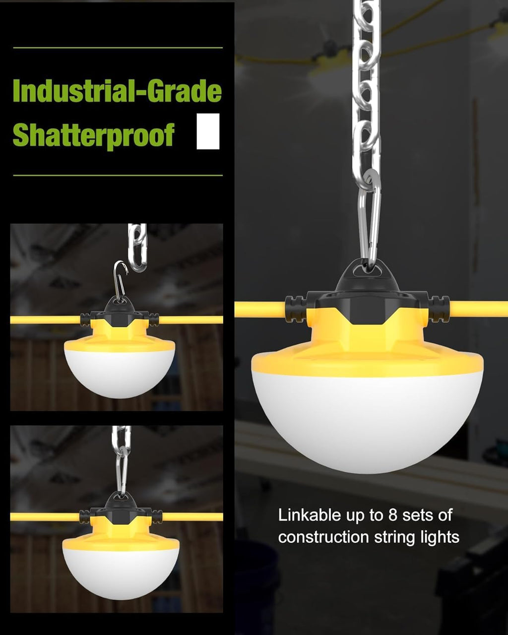 100FT LED Construction String Lights 130W 16000LM Industrial String Work Lights, 2Prong,IP65 Waterproof 18AWG Wire 5000K Super Bright for Construction Sites Temporary Work Jobsites Outdoor Lighting