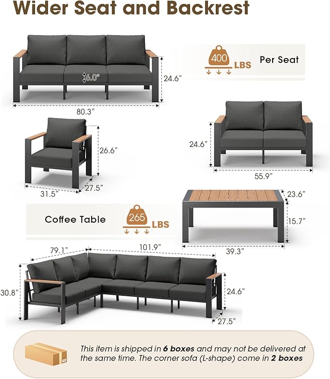Aluminum Outdoor Patio Furniture Set 11 Seats, Outdoor Sectional Corner Sofa Set, Patio Conversation Sets with Washable Thick Cushions & Coffee Table for Porch, Yard, Garden, Deck, Graphite