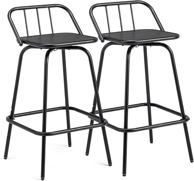 VINGLI 2 PCS Outdoor Swivel Bar Stools, 30 Inch Metal Barstools with Backrest & Footrest, 360° Rotating All-Weather Stools for Garden, Balcony, Kitchen Island (Black)