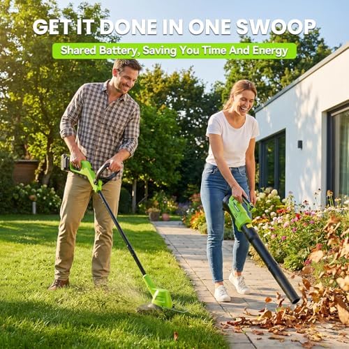 20v electric weed wacker & 650 cfm leaf shown in use