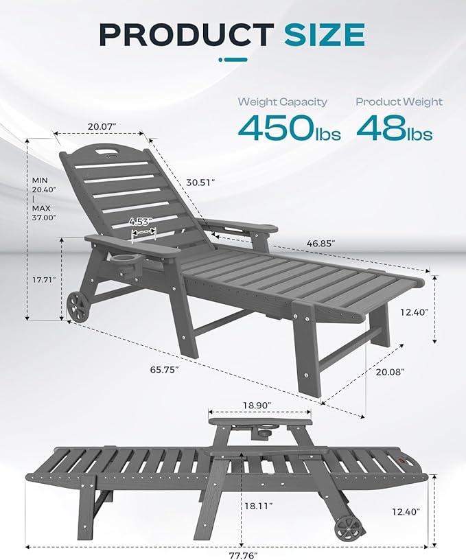Ciokea Outdoor Lounge Chair Set of 4, All Weather Patio Chaise Lounge Chair for Outside, HDPE Chair with Rolling Wheels & Cup Holder, 5 Position, Deck, Pool, Dark Grey