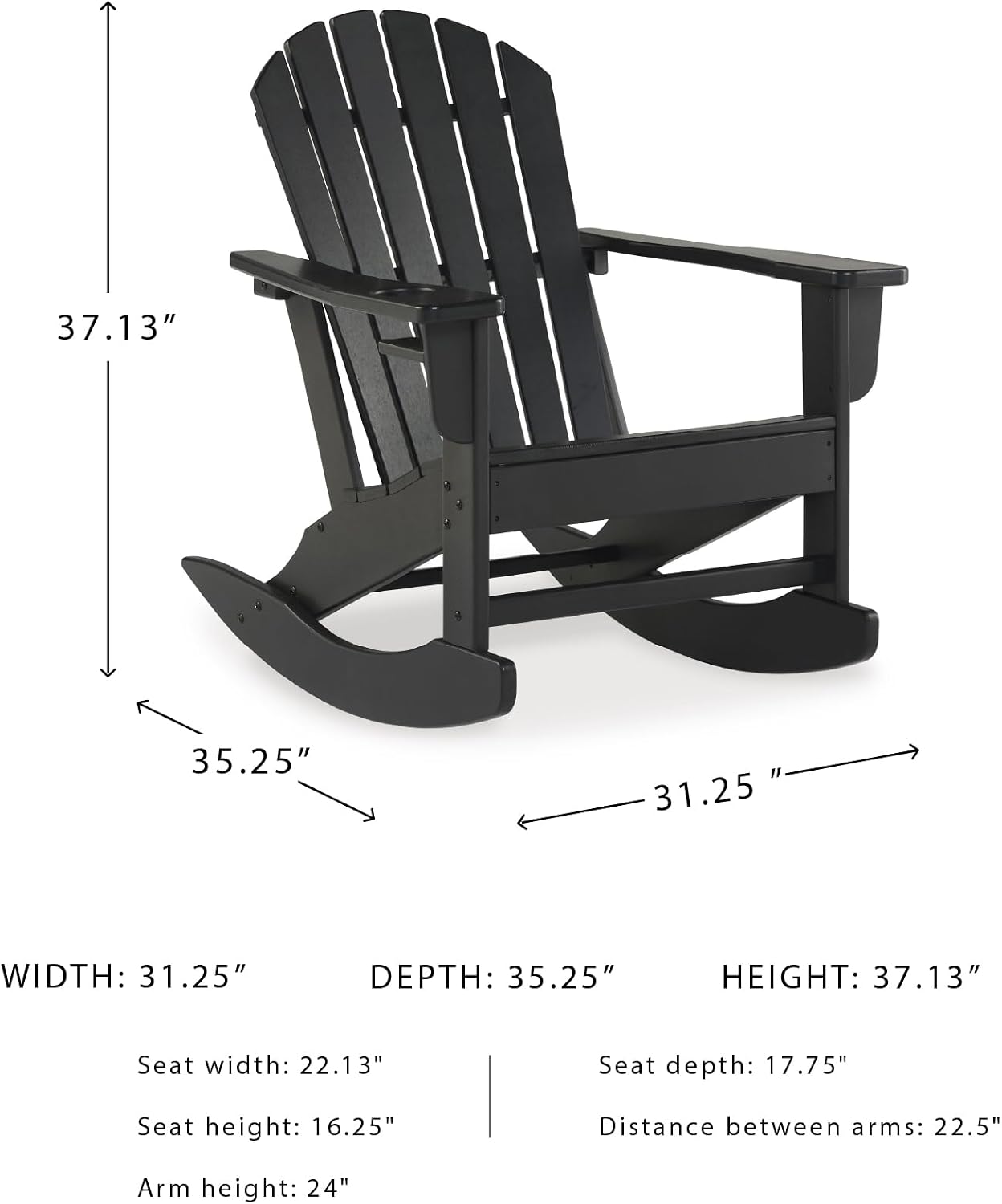 Signature Design by Ashley Adirondack Patio Rocking Chair, Black | All-weather HDPE rocking chair, Durable weather resistant material, 250 lb capacity, Built-in cup holder, Sundown Treasure