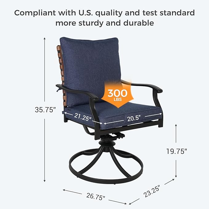 Grand patio 7-Piece Outdoor Dining Set, 6 Leather-Look Wicker Swivel Blue Patio Chairs & 1 Rectangular Dining Table, Black