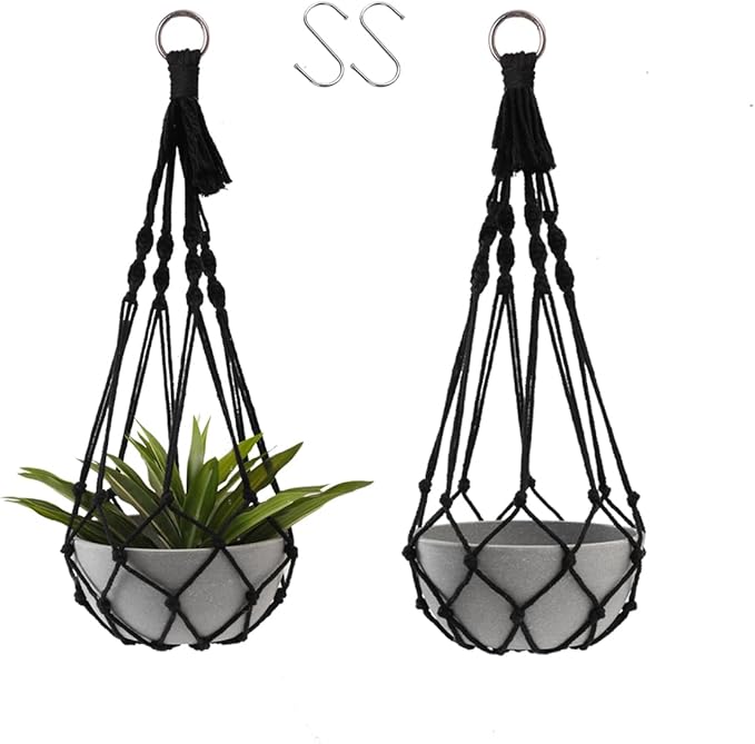 Artilady Black Plant Hanger Macrame Hanging Planter for Indoor Boho Plants Holder with Hooks Hanging Plant Basket Outdoor Window Wall Plants Home Decor (Black Macrame-2pcs)