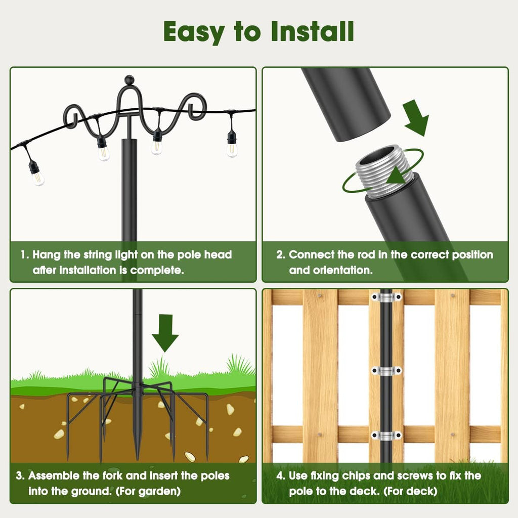 Arrinew String Light Poles 9 FT Metal Poles with Hook for Outside String Lights - Outdoor Patio Light Poles Lighting Stand for Deck, Backyard, Balcony, Hanging Basket, Lantern, Bird Feeder 4Pack
