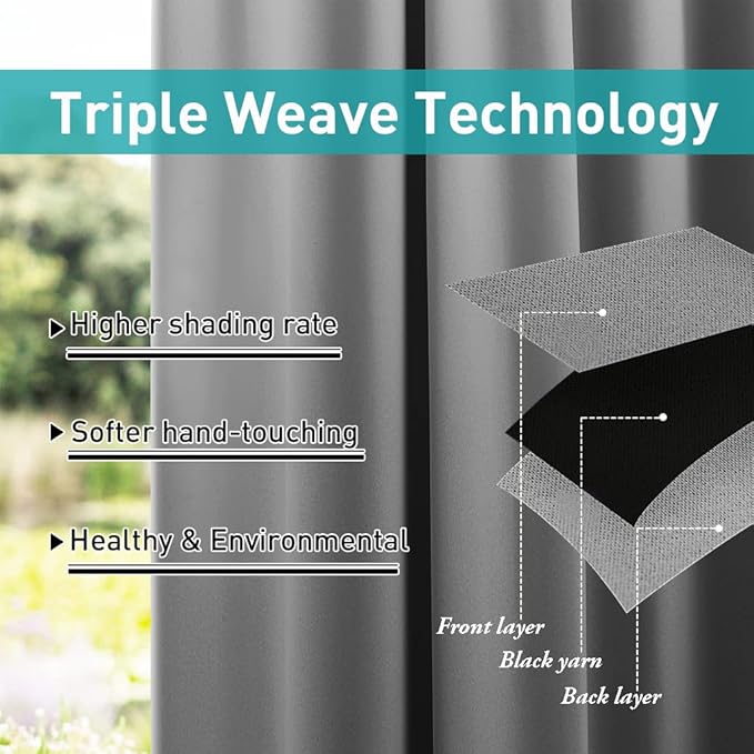 NICETOWN 2 Panels=104" Width Patio Curtains Outdoor Waterproof Extra Long 108" Length, Self-Stick Tab Top Thermal Insulated Blackout Vertical Drapes Indoor Outdoor for Porch, Silver Grey