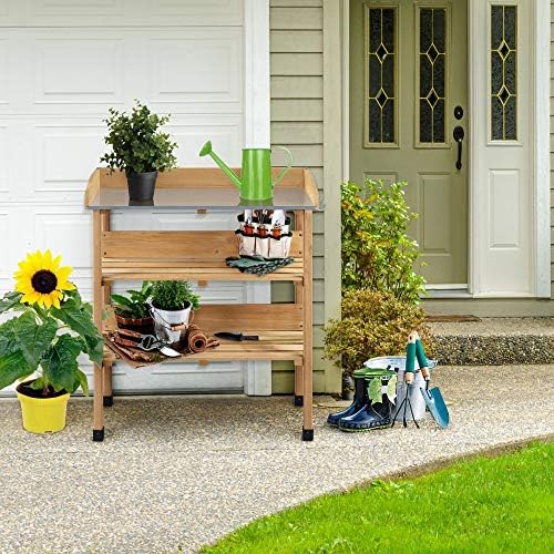 yaheetech potting bench outdoor console table w/3-tier storage,natural, side view