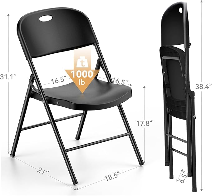 Nazhura 350 Weight Limit Heavy Duty Plastic Folding Chair with Reinfoced Steel Frame for Indoor and Outdoor, Wedding, Party, Restaurant, Meeting Room, Patio and Garden (Black, 10 Pack)