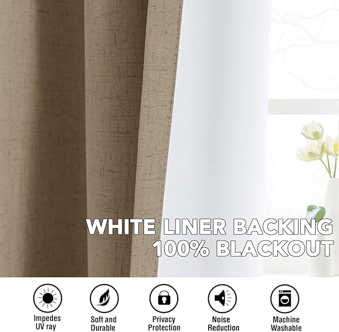 H.VERSAILTEX Linen Curtains 100% Blackout Curtains for Bedroom 108 inch Long Full Light Blocking Nature Linen Blended Window Curtains for Living Room Nickel Grommet (2 Panels, Heathered Macchiato)