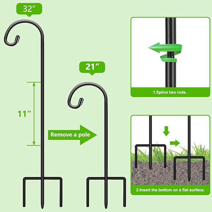 FEED GARDEN Adjustable 32 Inch Small Shepherds Hooks for Outdoor, Garden Hooks for Lanterns, Sheperds Hook for Hanging Plants, Bird Feeders, Solar Lights, Mason Jars, Weddings Decor,2 Pack