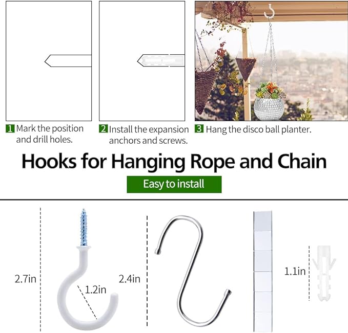 Disco Ball Planter, 8" Silver Disco Ball Planter, Disco Ball Plant Hanger with Hanging Rope, Hanging Chain, Hook, Circle and Extra Mirror Pieces
