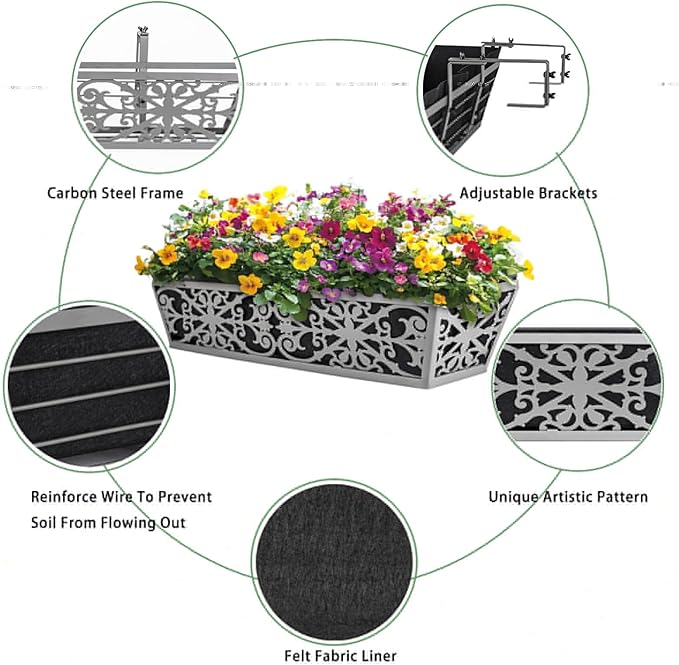 6 Pack 24 Inch Window Boxes Planter for Outdoor Plants Deck Railing Planters Box with Adjustable Brackets for Porch Fence Balcony Hanging Flower Baskets with Non-Woven Fabric Liner for Garden Decor