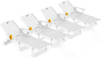 Lounge Chair Outdoor Set of 4, Oversized Chaise Lounge Chair with 5 Positions, HDPE, Patio Lounge Chairs with Wheels & Cup Holder for Lawn, Pool, Deck, Poolside, White