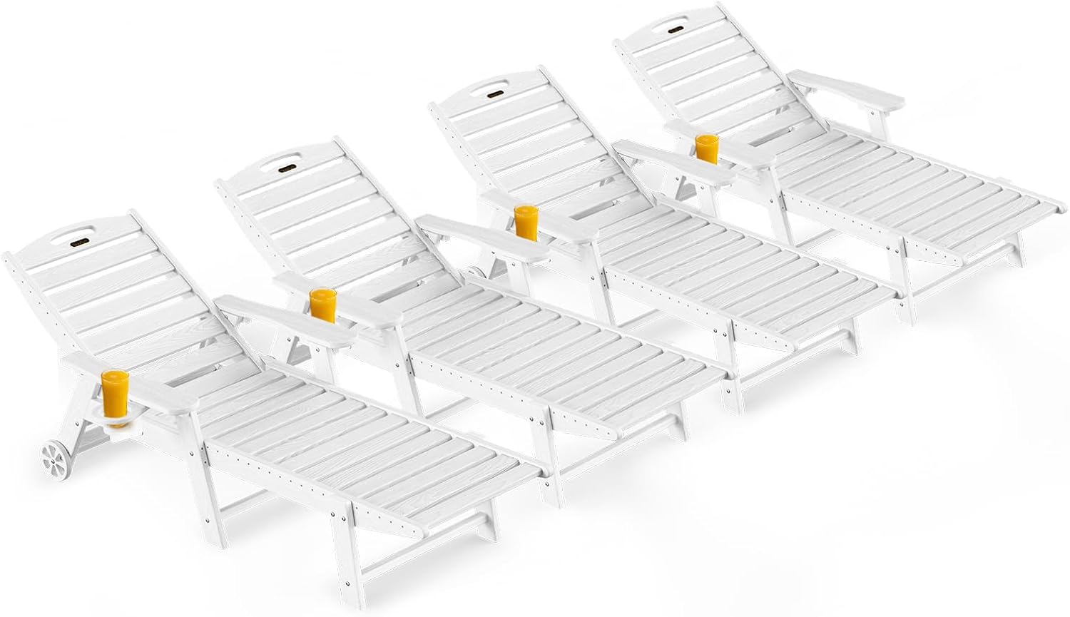 Lounge Chair Outdoor Set of 4, Oversized Chaise Lounge Chair with 5 Positions, HDPE, Patio Lounge Chairs with Wheels & Cup Holder for Lawn, Pool, Deck, Poolside, White