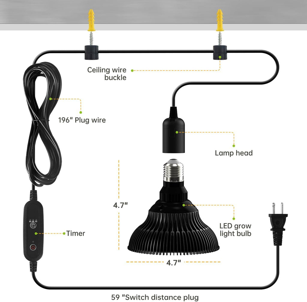 Hanging Grow Lights for Indoor Plants, 25W 5000K, LED Light Bulbs | LED Grow Light, Height Adjustable Pendant, Full Spectrum Plant Lamp with Timer for Tall Indoor Plants, Black