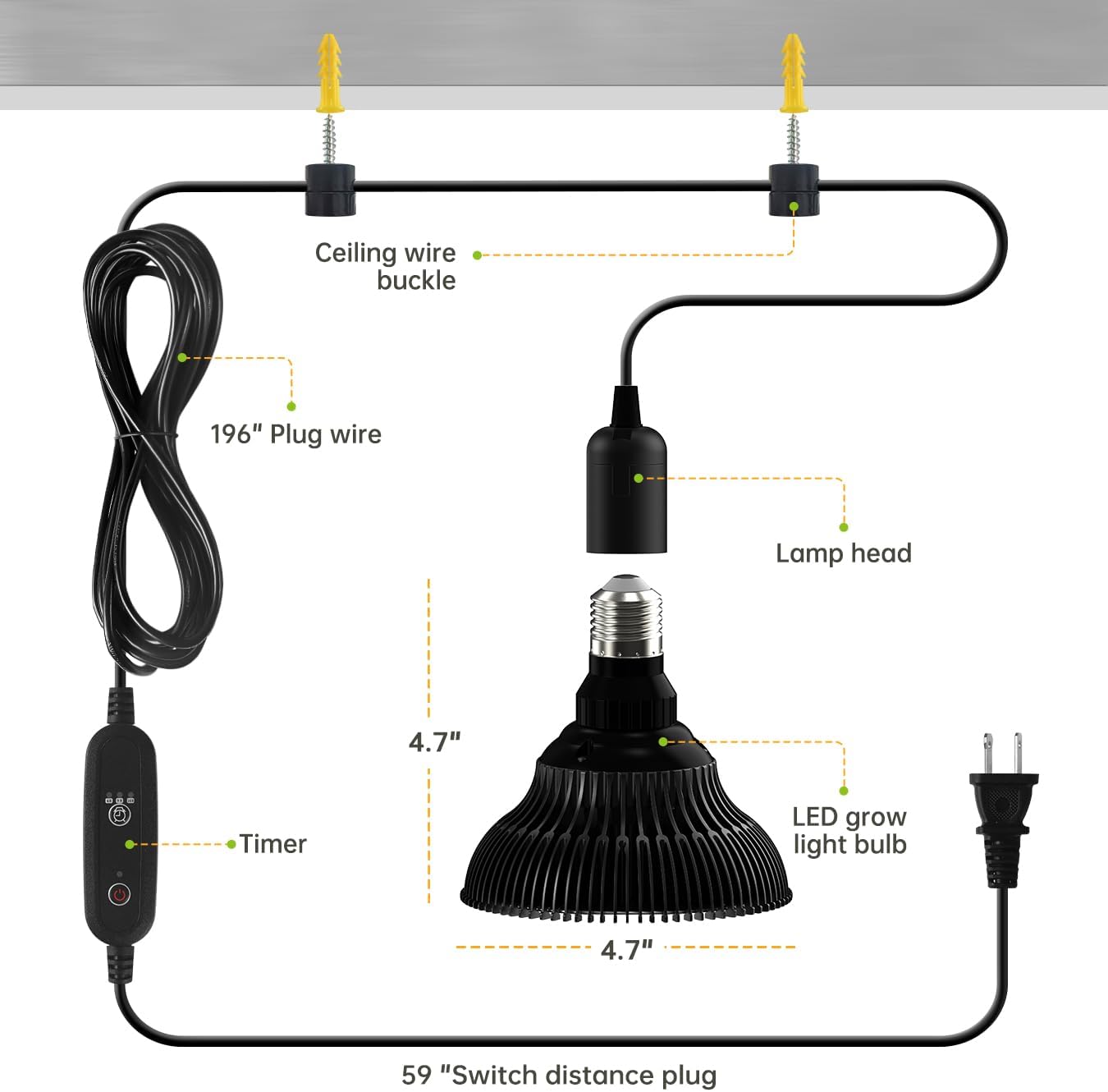 Hanging Grow Lights for Indoor Plants, 25W 5000K, LED Light Bulbs | LED Grow Light, Height Adjustable Pendant, Full Spectrum Plant Lamp with Timer for Tall Indoor Plants, Black