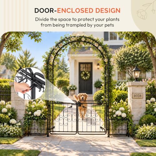 vingli garden arbor arch with gate and planter, side view