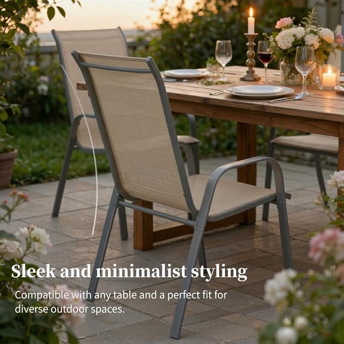 MAMIZO Patio Dining Chairs, Stackable All Weather Teslin Chair, Heavy Duty Outdoor Breathable Chairs Set, w/Armrests, Upgraded Chair FeetW/Strenthened Iron Spacers, 330 LBS (4, Brown)