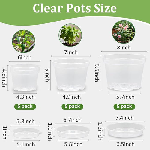 15 Pack 8/7/6 Inch Clear Nursery Pots with Saucer, Transparent Plastic Plant Pot with Drainage Hole, Sturdy Planting Starter Pots for Gardening Flower Herb Vegetable