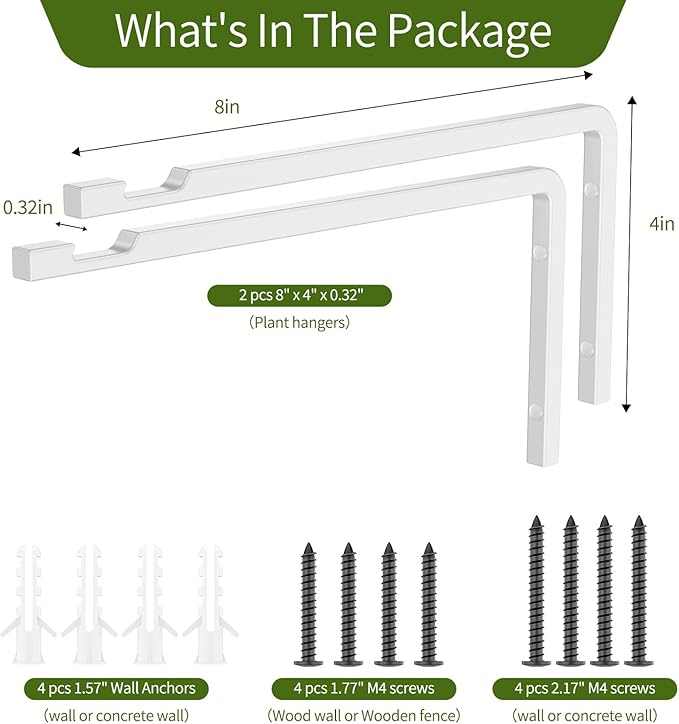 2 Pack 8 Inch Plant Hanger Hooks for Indoor Hanging Plants, Heavy Duty Steel Hanging Plant Brackets Wall Mount Hooks for Hanging Bird Feeders Flower Basket Wind Chime Solar Lanterns Outdoor, White