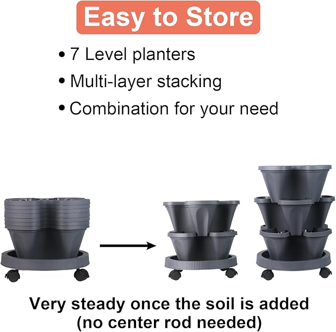 DUNCHATY Stackable Planter, Vertical Garden Planter with Wheels and Tools, Self Watering Strawberry Planter Indoor/Outdoor 7 Tier Herb Planter Pots for Growing Vegetables and Succulents, Dark Gray