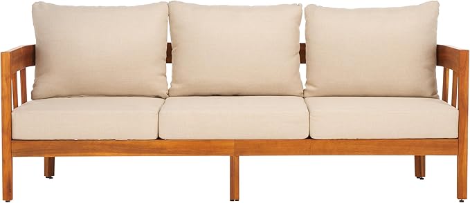 SAFAVIEH Outdoor Collection Owen Acacia Solid Wood Natural/Taupe Cushion 3-Seater Sofa