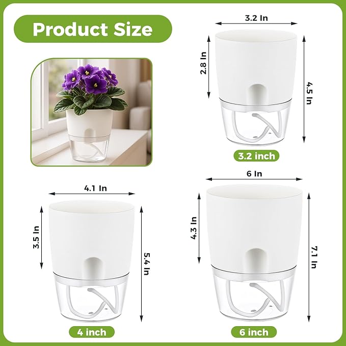 Planterhoma 12 Pack Self Watering Pots for Indoor Plants, 3.2 Inch Plant Pot Plastic Self Watering Planter for Orchid, African Violet, Clear Flower Pots with Drainage Holes and Wicking Rope, White