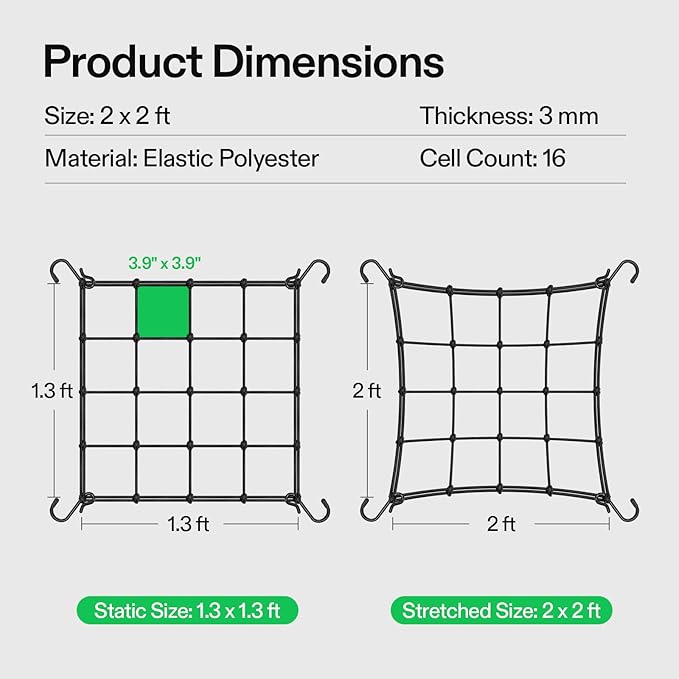 VIVOSUN 2 x 2Ft. Elastic Trellis Netting with 4 Hooks for Climbing Plants, Vegetables, Fruits, and Flowers, 2-Pack