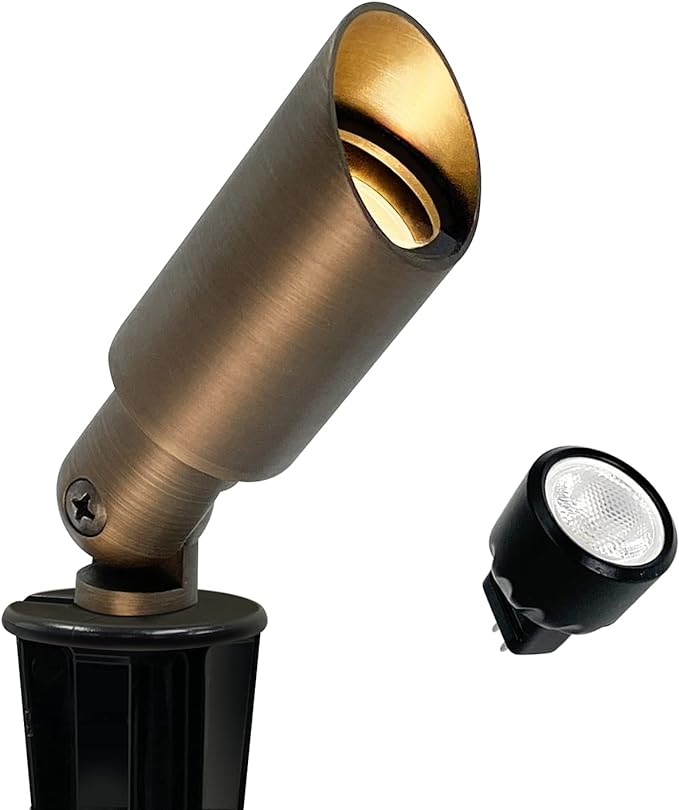 GKOLED Mini Size Brass Landscape Spotlight, Low Voltage 12V AC/DC Outdoor Directional Up Light, 180 LM, 3W MR8 LED Bulb ABS Ground Stake, 2700K Warm White, Garden Patio Trees Spot Uplight