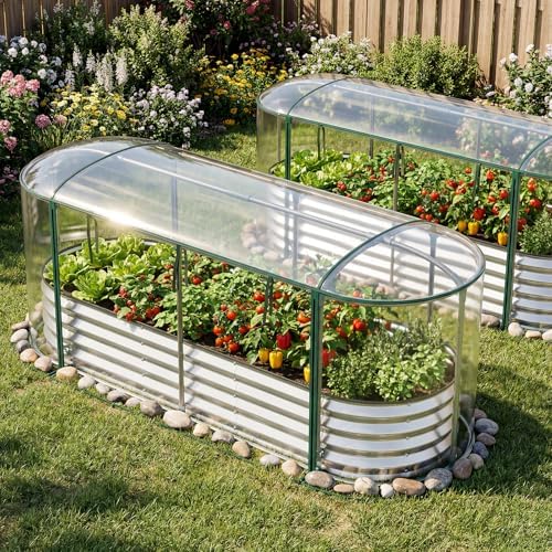 giantex raised garden bed w/greenhouse cover, outdoor oval shown in use