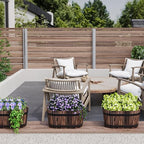 hanging flower pots with drainage holes, wooden railing, package contents