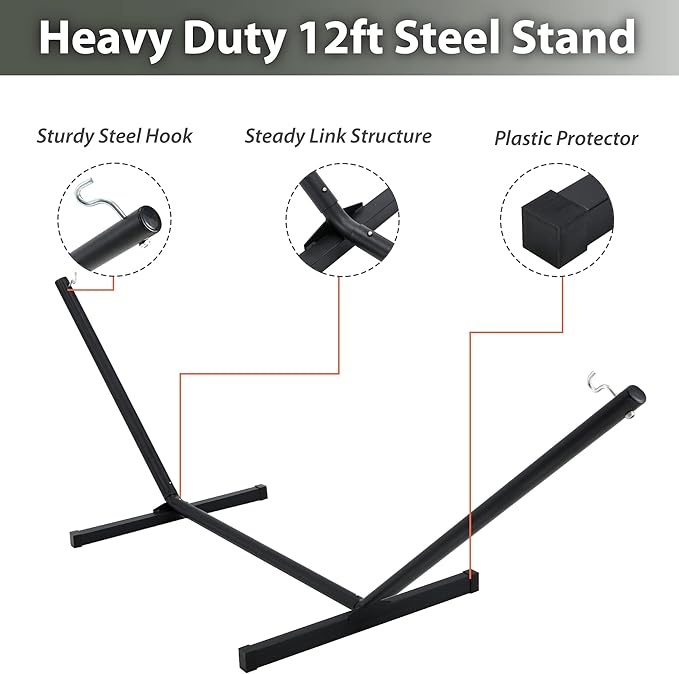 Two Person Hammock with Stand for Outside Heavy Duty, Outdoor Patio Hammock with Portable Steel Stand, Large Double Hammocks,480lbs Capacity.(Middle Grey)