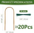 Bamboo Trellis, 20 Pack U-Hoop & U-Shape Garden Trellis with Twist Ties, 16" for Indoor & Outdoor Plants