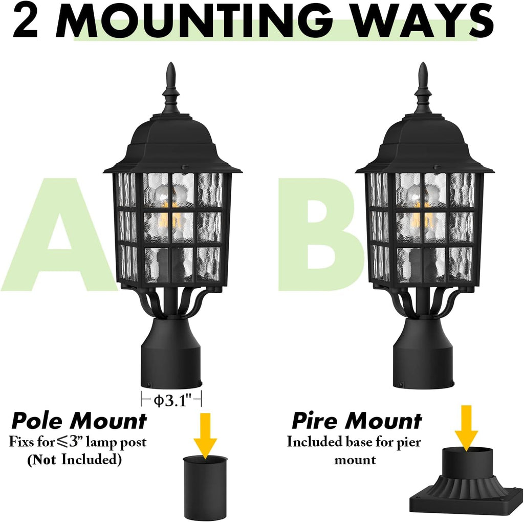 2-Pack Dusk to Dawn Outdoor Post Light, Black | Lamp Post Light Fixture, Water Ripple Glass, Pier Mount Base, Exterior Pole Lantern Light for Yard Patio Pathway