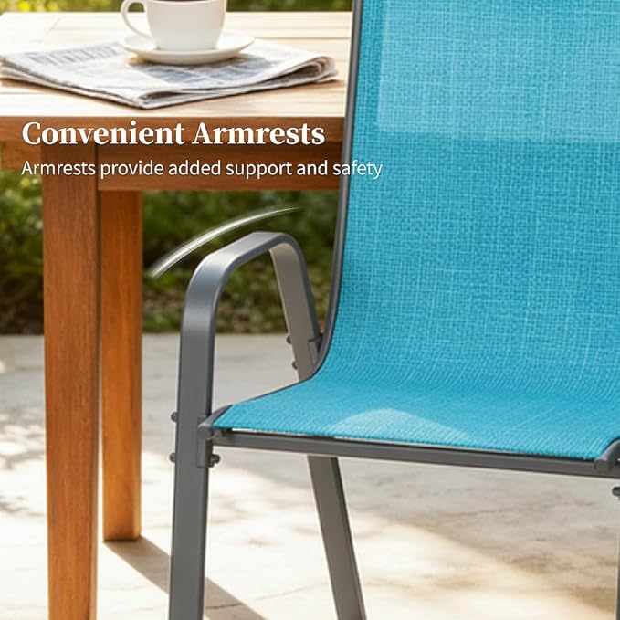 MAMIZO Patio Dining Chairs, Stackable All Weather Teslin Chair, Heavy Duty Outdoor Breathable Chairs Set, w/Armrests, Upgraded Chair FeetW/Strenthened Iron Spacers, 330 LBS (8, Turquoise Blue)