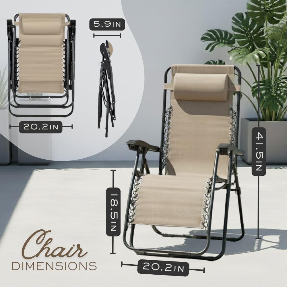 2-Pack Adjustable Zero Gravity Lounge Chair with Steel Mesh Fabric: Reclining Lawn Chair Featuring Comfort Pillow, Cup Holder Tray, and Customizable Recline Positions