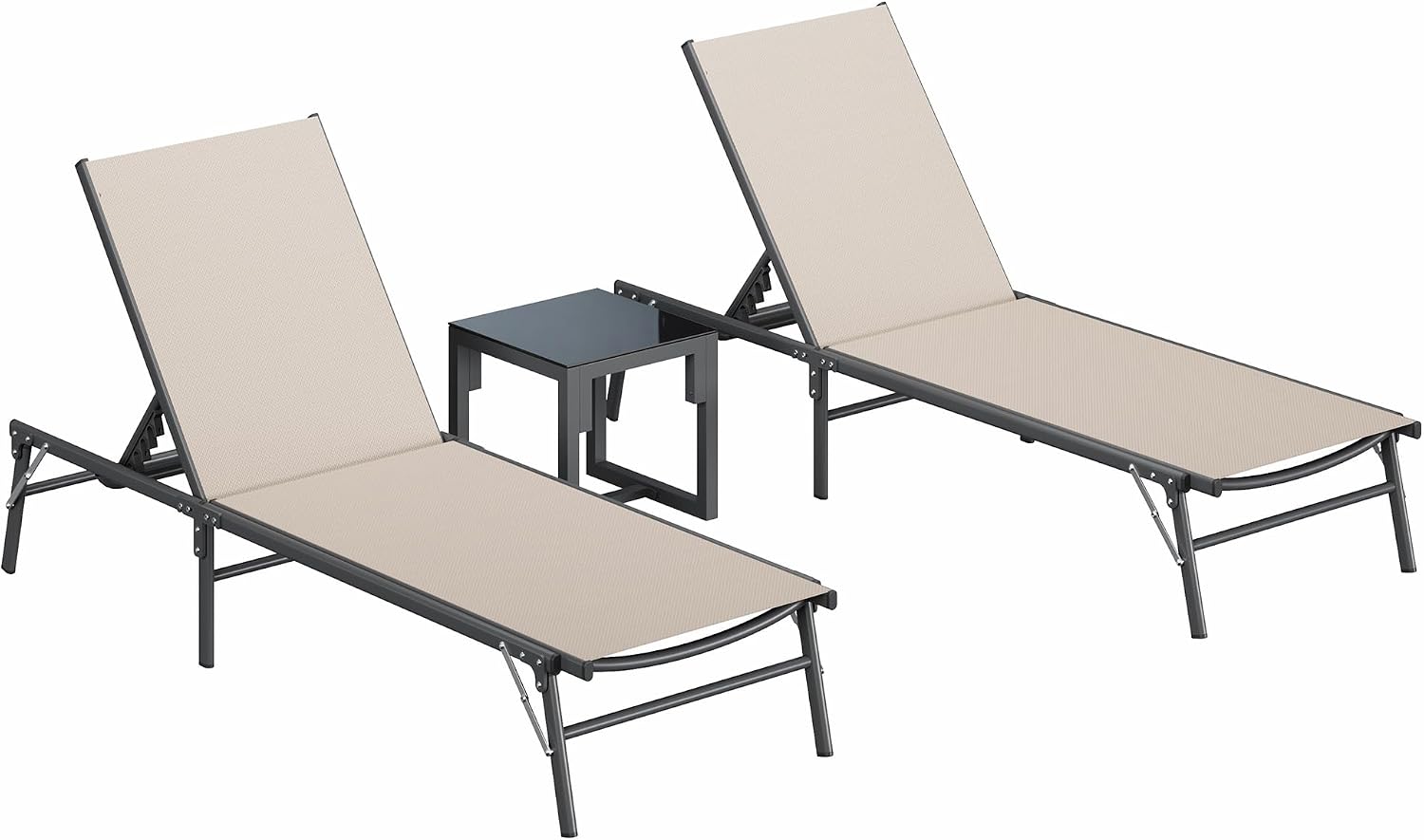 Amopatio Outdoor Lounge Chairs Poolside Chaise Lounge for Patio Set of 2 | with Side Table Foldable Stackble Fully Assembled Weather Resistant 5-Position Adjustable Backrest 400LBS Capacity