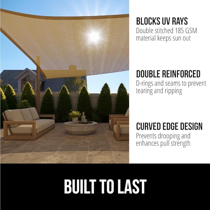 GORILLA GRIP Heavy Duty Sun Shade, UV Protection Fade Tear and Rust Resistant Rectangle Sunshade Canopy, Curved Edges Blocks Sunlight, Breathable Sail, Outdoor Patio, Lawn Garden, 8x12 FT Sand