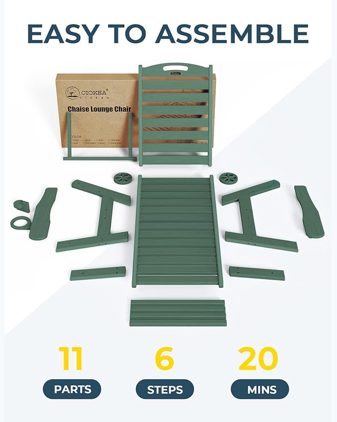 Outdoor Lounge Chair Set of 4, All Weather Patio Chaise Lounge Chair for Outside, HDPE Chair with Rolling Wheels & Cup Holder, 5 Position, Deck, Pool, Green