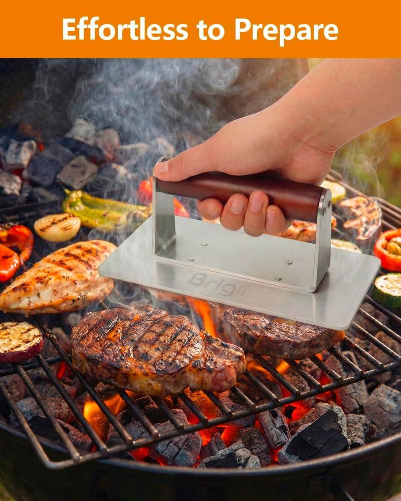 Brigii Smash Burger Press, Rectangular Grill Press, Bacon Press, Heavy Duty | Stainless steel, smooth surface, heat-resistant wooden handle, dishwasher safe, no seasoning, patties, steak, chicken, BBQ