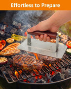 Brigii Smash Burger Press, Rectangular Grill Press, Bacon Press, Heavy Duty | Stainless steel, smooth surface, heat-resistant wooden handle, dishwasher safe, no seasoning, patties, steak, chicken, BBQ