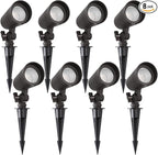 3CCT LED Landscape Lights with Connectors, 12V Low Voltage, 3000K/4000K/5000K Selectable, 3W, 200LM, Outdoor Waterproof Garden Pathway Lights Wall Tree Flag Spotlights with Spike Stand, 8 Pack