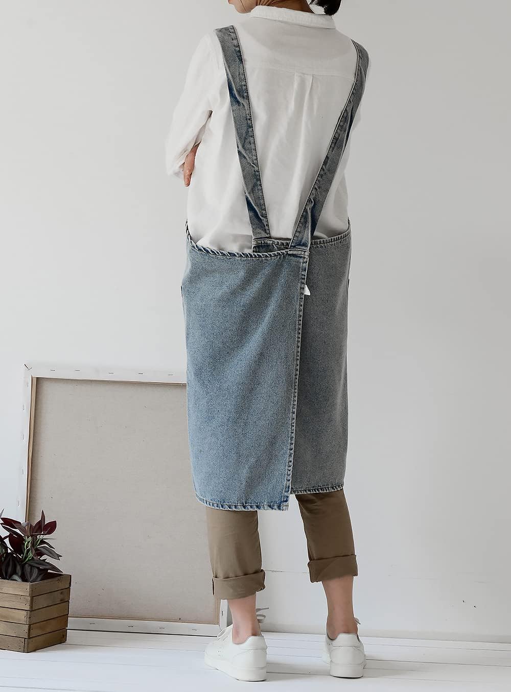 Denim Cotton Canvas Cross Back Aprons Solid Color Shop Kitchen Garden Square Smock for Women Girls with Pockets