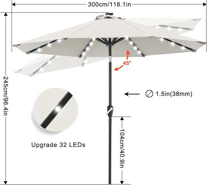 ABCCANOPY 10FT Durable Solar Led Patio Umbrellas with 32LED Lights (Light Beige)